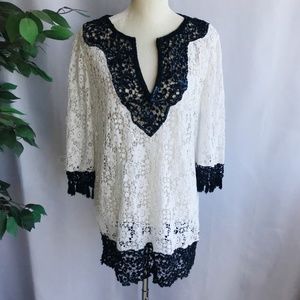 Calypso St. Barth Tunic Navy Sequin White Lace